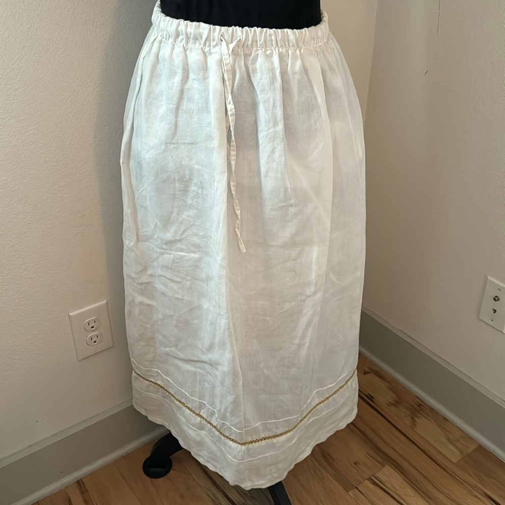 Boho White Linen blend elastic waist ties midi skirt half lined‎ Sz M